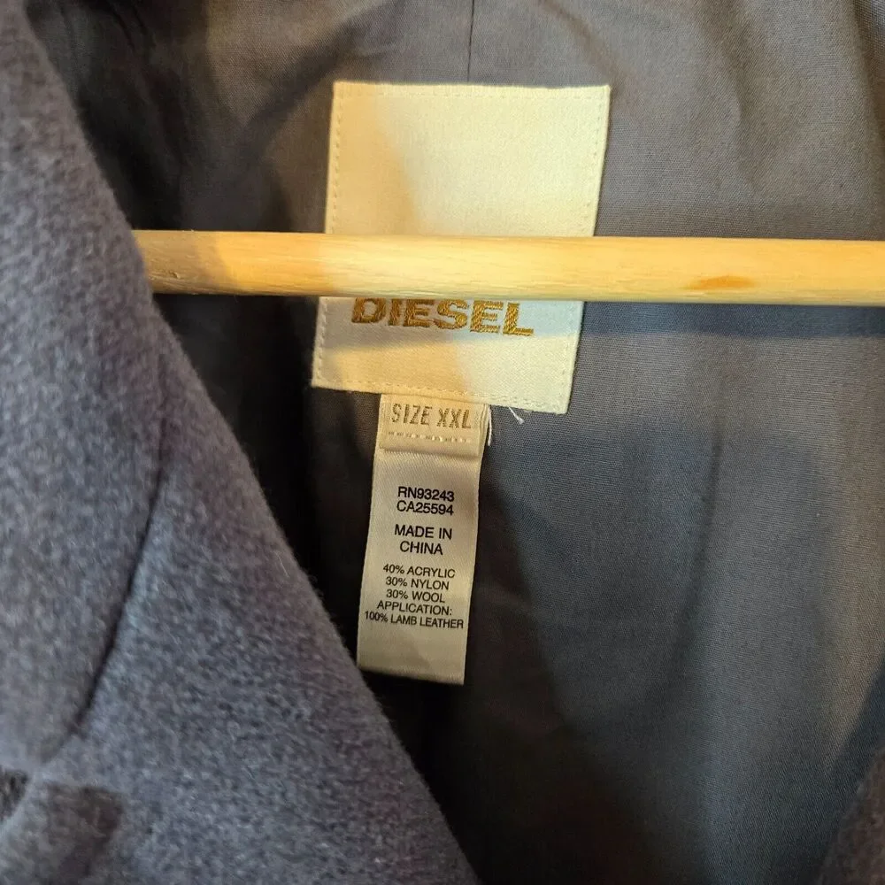 Diesel Only The Brave Gray Double Breasted Outdoor Men's Pea Coat Size 2XL